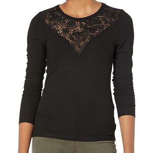 Paige Women's Adalee Pullover Knit Top XS Black Ribbed Lace Inset Long Sleeves